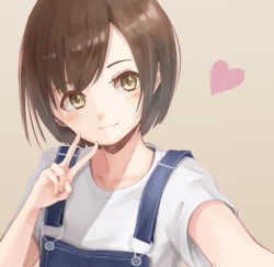 1girl blush brown_background brown_eyes brown_hair closed_mouth collarbone commentary hair_strand head_tilt heart looking_at_viewer original overalls purea reaching reaching_towards_viewer selfie shirt short_hair simple_background smile solo t-shirt upper_body v white_shirt