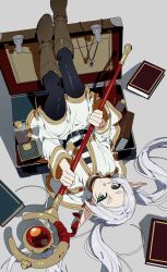 1girl absurdres belt black_belt black_pantyhose book boots brown_boots capelet dress frieren green_eyes highres holding holding_staff open_suitcase pantyhose pointy_ears shadow solo sousou_no_frieren staff thick_eyebrows twintails upside-down white_capelet white_dress white_hair yang_gallae