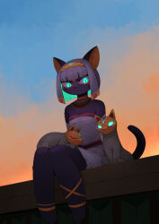 1girl :3 ancient_egyptian ancient_egyptian_clothes animal animal_ears animal_nose anklet aqua_eyes aqua_hair bastet_(mythology) blue_sky blunt_ends bob_cut body_fur cat cat_ears cat_girl colored_inner_hair dress egyptian_mythology evening furry furry_female glowing glowing_eyes glowing_hair gold_choker gold_hairband gradient_sky hairband highres jewelry kamukamu6392 multicolored_hair orange_sky original purple_fur purple_hair sitting sky slit_pupils solo strapless strapless_dress