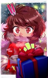 Rule 34 | !, !!, 1girl, absurdres, artist name, blush, border, brown eyes, christmas, christmas present, coat, coffee, coffee mug, commentary, cup, english commentary, gift, gloves, haysey, highres, holding, holding cup, kawakami sadayo, mug, nose blush, persona, persona 5, red eyes, red gloves, short hair, snowing, sparkle, surprised, twitter username, white border, white coat
