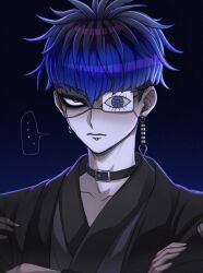 ... 1boy black_background black_collar black_eyeshadow black_hair black_haori black_kimono blue_background blue_hair chamuchai collar crossed_arms earrings eye_print eyepatch eyeshadow face_piercing gradient_background grey_hair haori highres japanese_clothes jewelry kimono labret_piercing makeup male_focus multicolored_hair omokage_yugamu piercing portrait print_eyepatch short_hair solo speech_bubble the_hundred_line_-last_defense_academy-