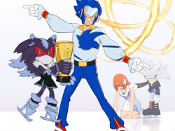 Rule 34 | 1girl, 3boys, alternate costume, closed eyes, colored sclera, cosplay, feather hair ornament, feathers, fire, gloves, green eyes, hair ornament, holding, holding trophy, ice skates, joeadok, kneeling, mephiles the dark, multiple boys, princess elise the third, red hair, red sclera, shaded face, short hair, silver the hedgehog, skates, smile, sonic (series), sonic man, sonic the hedgehog, sonic the hedgehog (2006), sonic the hedgehog (cosplay), teeth, trophy, white gloves