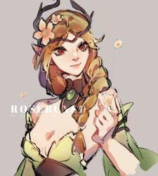 1girl afk_(series) afk_journey bare_shoulders blonde_hair braid breasts breasts_apart closed_mouth cowboy_shot detached_sleeves dress elf flower grey_background hair_flower hair_ornament headpiece highres jewelry long_hair looking_to_the_side parisa_(afk) pointy_ears red_eyes rosabunnie side_braid solo standing watermark