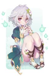 1girl :o absurdres ankle_boots arm_cutout armband ass blush boots bracelet bridal_gauntlets cloak collar curly_hair detached_sleeves elf feet fingerless_gloves fingernails fingers_together hair_flower flower_ornament gloves gradient_eyes green_cloak highres hong_(white_spider) jewelry knees_up kokkoro_(princess_connect!) leg_strap magenta_eyes multicolored_eyes nail_polish one-piece_dress panties panty_peek pink_nails pointy_ears princess_connect! ring sandals see-through_clothes short_hair silver_hair solo toeless_footwear toes underwear white_panties
