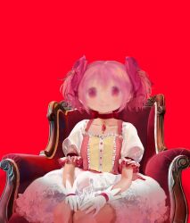 Rule 34 | absurdres, blurry, bow, bubble skirt, chair, choker, dress, gloves, hair bow, hair ribbon, highres, kaname madoka, kaname madoka (magical girl), magical girl, mahou shoujo madoka magica, mahou shoujo madoka magica (anime), mihifu, pink bow, pink eyes, pink hair, puffy sleeves, red background, red choker, red theme, ribbon, short twintails, simple background, sitting, skirt, soul gem, surreal, twintails, white gloves