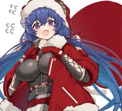 1girl absurdres alternate_costume bag belt black_belt blue_hair blush breasts commentary english_commentary fang fur-trimmed_headwear fur-trimmed_jacket fur_trim girls&#039;_frontline girls&#039;_frontline_2:_exilium hair_between_eyes hat highres holding holding_bag jacket large_breasts long_hair looking_at_viewer lotta_(girls&#039;_frontline_2) open_mouth patanda purple_eyes red_bag red_hat red_jacket santa_costume santa_hat simple_background solo sweatdrop upper_body white_background
