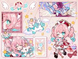 &gt;_&lt; 1girl ^_^ ameoto_00 animal argyle_background bow bowtie chibi close-up closed_eyes cloud commentary dress drill_hair facing_away gradient_hair green_bow green_bowtie green_eyes green_hair hands_up holding holding_animal honkai:_star_rail honkai_(series) hyacine_(honkai:_star_rail) looking_at_viewer multicolored_hair multiple_views one_eye_closed open_mouth pink_background pink_hair postage_stamp purple_sky rainbow red_dress red_hair sky smile sparkle star_(symbol) symbol-only_commentary ticket twin_drills unicorn upper_body watermark wings