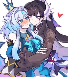2girls 3: bare_shoulders blue_eyes blue_hair blunt_bangs blush cerydra_(honkai:_star_rail) crown detached_sleeves dress hair_intakes heart highres honkai:_star_rail honkai_(series) hug hysilens_(honkai:_star_rail) long_hair long_sleeves mini_crown multiple_girls nose_blush simple_background sleeveless sleeveless_dress smile tiana_(tiana24116) very_long_hair white_background yuri