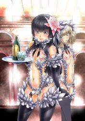 2boys alcohol ball_bra black_eyes black_hair blonde_hair blush chest_blush choker covered_testicles crossdressing cup detached_sleeves drinking_glass erection flower frilled_choker frilled_headwear frilled_panties frilled_sleeves frills green_eyes hair_flower hair_ornament hair_ribbon heart_pasties hime_cut ice lingerie multiple_boys original panties pasties penis_sheath ribbon rose serafita shoulder_blush smile thigh_blush thighhighs trap tray underwear