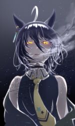 Rule 34 | 1girl, 3year etarou, absurdres, ahoge, alternate hair length, alternate hairstyle, animal ears, bare shoulders, black choker, black coat, black hair, black vest, breath, choker, coat, cold, collared shirt, ear tag, earrings, hair between eyes, highres, horse ears, horse girl, jewelry, looking at viewer, manhattan cafe (umamusume), multicolored hair, necktie, night, night sky, off shoulder, parted lips, shirt, single earring, sky, smile, solo, star (sky), starry sky, umamusume, variant set, vest, watermark, white hair, white shirt, yellow eyes, yellow necktie