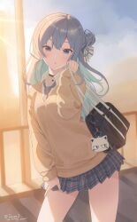 1girl :o absurdres bag bag_charm black_choker blue_eyes blue_hair blue_nails blue_necktie blue_sky charm_(object) choker contrapposto deozt hair_bun highres holding holding_bag hololive hoshimachi_suisei looking_at_viewer miniskirt necktie plaid_clothes plaid_skirt pleated_skirt school_bag school_uniform serafuku shirt skirt sky solo star_(symbol) star_in_eye sunlight sweater_vest symbol_in_eye thighs virtual_youtuber white_shirt
