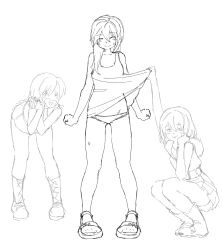 3girls bent_over blush clenched_hands closed_eyes closed_mouth clothes_lift dress dress_lift eyebrows_hidden_by_hair female_focus heart heart_in_mouth highres hood hooded_jacket jacket kairi_(kingdom_hearts) kingdom_hearts long_hair multiple_girls namine panties sandals smile spaghetto087 squatting sweat sweatdrop underwear xion_(kingdom_hearts)