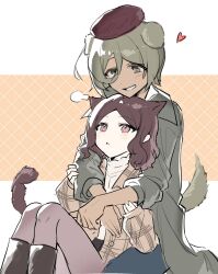 Rule 34 | 2girls, animal ears, beret, brown hair, caigengen, cat ears, cat girl, cat tail, dog ears, dog girl, dog tail, ebizuka tomo, girls band cry, green eyes, green hair, hat, heart, highres, hug, hug from behind, kemonomimi mode, light blush, looking at another, medium hair, multiple girls, pantyhose, pink eyes, rupa (girls band cry), short hair, simple background, sitting, smile, tail, vest, yellow background, yuri