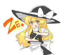 1girl apron black_hat black_skirt black_vest blonde_hair blush bow braid commentary hair_bow hat hat_bow highres kirisame_marisa kumanou22 long_hair looking_at_viewer open_mouth side_braid simple_background single_braid skirt smile solo star_(symbol) touhou very_long_hair vest waist_apron white_apron white_background white_bow witch_hat