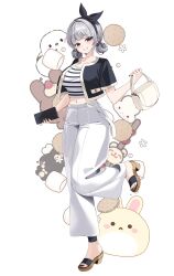 Rule 34 | 1girl, absurdres, bag, black eyes, black jacket, breasts, commission, crop top, cropped jacket, double bun, full body, grey hair, grin, hair bun, hair ribbon, handbag, highres, holding, holding bag, jacket, large breasts, leg up, long hair, looking at viewer, midriff, nail polish, navel, oc (jmgsjh), open clothes, open jacket, original, pants, ribbon, sandals, sayan, shirt, simple background, smile, solo, standing, standing on one leg, striped clothes, striped shirt, toenail polish, toenails, white background, white pants, white shirt