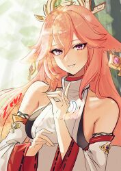 1girl absurdres animal_ear_piercing animal_ears artist_name bare_shoulders breasts commentary detached_sleeves earrings english_commentary fox_ears fox_girl fox_shadow_puppet genshin_impact grin hair_between_eyes hair_ornament highres japanese_clothes jewelry large_breasts long_hair looking_at_viewer nontraditional_miko pink_hair purple_eyes shirt sleeveless sleeveless_turtleneck smile solo turtleneck turtleneck_shirt upper_body white_shirt white_sleeves yae_miko zevzie