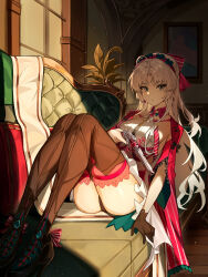 1girl absurdres ahoge aqua_eyes black_boots black_gloves black_panties boots bow breasts carlotta_(wuthering_waves) closed_mouth commentary_request dress earrings full_body gloves gun hair_bow hairband high_heel_boots high_heels highres holding holding_gun holding_weapon indoors jacket jewelry knees_up korean_commentary liverpool0427 long_hair looking_at_viewer medium_breasts panties parted_bangs pink_bow pink_hairband pink_jacket pink_thighhighs sidelocks single_glove sitting sitting_sideways solo striped_bow thigh_boots thighhighs thighhighs_under_boots thighs underwear weapon white_dress wuthering_waves