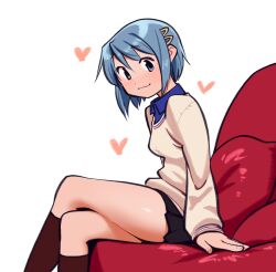 Rule 34 | 1girl, black skirt, blue eyes, blue hair, blue shirt, commentary, couch, english commentary, gloamy, hair ornament, hairclip, heart, highres, looking at viewer, mahou shoujo madoka magica, mahou shoujo madoka magica (anime), miki sayaka, miniskirt, on couch, shirt, short hair, sitting, skirt, solo, sweater, thighs