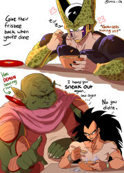3boys amiz06 antennae artist_name bald biceps black_eyes black_hair black_nails blush blush_stickers bowl bracelet cape cell_(dragon_ball) cereal closed_eyes closed_mouth collarbone colored_skin commentary dragon_ball dragonball_z eating english_commentary english_text fingernails food food_on_face forehead frisbee glass_shards green_skin hand_up highres holding holding_spoon jewelry long_fingernails long_hair male_focus multiple_boys multiple_views muscular muscular_male namekian open_mouth pectorals perfect_cell pink_cape pointy_ears purple_eyes purple_skin raditz saichoro sharp_fingernails shirt short_sleeves simple_background spiked_hair spoon studded_bracelet t-shirt table teeth twitter_username upper_body upper_teeth_only v-shaped_eyebrows white_background white_shirt white_skin wide-eyed