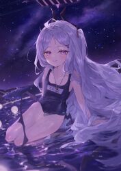 1girl absurdres ahoge bare_arms bare_shoulders black_one-piece_swimsuit blue_archive blush closed_mouth demon_girl demon_horns demon_wings highres hina_(blue_archive) hina_(swimsuit)_(blue_archive) horns huge_filesize loli long_hair looking_at_viewer nekoplanetouo ocean official_alternate_costume official_alternate_hairstyle one-piece_swimsuit one_side_up purple_eyes purple_hair school_uniform sidelocks smile solo swimsuit wings