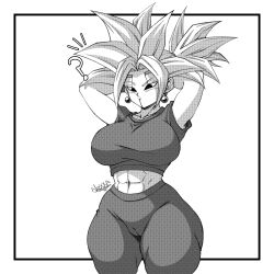 1girl abs absurdres baby_(dragon_ball) breasts cameltoe crop_top dragon_ball dragon_ball_gt dragon_ball_super earrings highres jewelry kefla_(dragon_ball) large_breasts looking_down midriff muscular muscular_female navel nexx_art ponytail potara_earrings short_sleeves simple_background solo spiked_hair thick_thighs thighs white_background