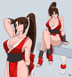 1girl bare_shoulders breasts brown_hair cleavage fatal_fury grey_background large_breasts long_hair ninja pelvic_curtain ponytail proyecto_jewel shiranui_mai sitting sleeveless the_king_of_fighters