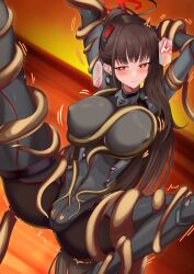 ... 1girl ass black_hair blue_archive blush bodysuit breasts commentary_request covered_erect_nipples covered_navel hair_ornament halo highres large_breasts long_hair mononoke_(pixiv53597254) ponytail red_eyes restrained rio_(blue_archive) rio_(bodysuit)_(blue_archive) solo spoken_ellipsis spread_legs sweatdrop tentacles variant_set