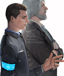 2boys android arm_rest beard black_jacket connor_(detroit) crossed_arms daichi_midori detroit:_become_human english_text facial_hair hank_anderson jacket multiple_boys necktie profile