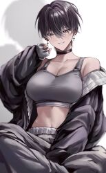 1girl bare_shoulders black_choker black_hair black_jacket breasts choker cleavage commentary cross cross_earrings ear_piercing earrings grin hair_between_eyes highres jacket jewelry large_breasts looking_at_viewer mole mole_under_eye off_shoulder original piercing short_hair simple_background sitting sleeves_past_wrists smile solo sports_bra stomach symbol-only_commentary ulularts white_background yellow_eyes