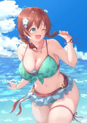 Rule 34 | 1girl, absurdres, aqua eyes, bikini, bikini day, blue sky, blush, bracelet, braid, breasts, brown hair, cleavage, cloud, commentary request, emma verde, flower, freckles, green bikini, growbally, hair flower, hair ornament, highres, jewelry, large breasts, leaf print, love live!, love live! nijigasaki high school idol club, medium hair, navel, necklace, open mouth, outdoors, skirt, sky, solo, swimsuit, thick thighs, thigh strap, thighs, twin braids, water