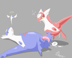 1boy 1girl angel_wings animal_penis anus dengon drooling flying furry furry_female furry_male gen_3_pokemon grey_background latias latios legendary_pokemon lying musical_note nintendo open_mouth penis pokemon pokemon_(creature) shadow simple_background smile wings