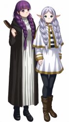Rule 34 | 2girls, absurdres, alternate hairstyle, black footwear, blunt bangs, boots, braid, brown footwear, capelet, commentary request, dress, earrings, elf, fern (sousou no frieren), frieren, full body, green eyes, hair brush, hair focus, highres, holding, holding hair brush, jewelry, knee boots, long hair, long sleeves, looking at viewer, multiple girls, pantyhose, parted bangs, pointy ears, purple eyes, purple hair, sidelocks, simple background, sousou no frieren, standing, twin braids, white background, white capelet, white dress, white hair, zukkiy