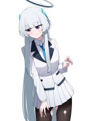 Rule 34 | 1girl, black pantyhose, blue archive, blue necktie, blunt bangs, blunt ends, collared shirt, cowboy shot, grey hair, halo, headgear, highres, jacket, long hair, long sleeves, looking to the side, mechanical halo, necktie, noa (blue archive), pantyhose, pleated skirt, purple eyes, shirt, sidelocks, skirt, solo, torn clothes, torn pantyhose, watakaze, white background, white halo, white jacket, white shirt, white skirt