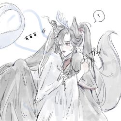 2boys ? ahoge animal_ears black_hair black_hanfu blush chinese_clothes dragon_boy eastern_dragon_horns eastern_dragon_tail fingernails fox_boy fox_ears fox_tail grey_eyes hanfu highres horns hug kemonomimi_mode lan_wangji long_hair long_sleeves looking_at_another male_focus modao_zushi multiple_boys ojisan_rbt one_eye_closed parted_lips ponytail robe sharp_fingernails sidelocks simple_background sitting sketch speech_bubble spoken_question_mark tail topknot very_long_hair wei_wuxian white_background white_hanfu wide_sleeves yaoi