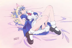 +_+ 00s 1girl 2009 andou_mahoro andou_mahoro_(cosplay) apron bed_sheet blonde_hair blue_dress blue_eyes blue_hair blue_skirt blush bridget_hoffman brooch company_connection cosplay covering_crotch covering_privates cross-shaped_pupils dress female_focus frills gainax hair_ornament jewelry legs legs_folded looking_at_viewer lying mahoromatic maid maid_apron mary_janes matching_hair/eyes multicolored_hair nia_teppelin on_back panties pantyshot puffy_sleeves shiwasu_takashi shoes signature skirt socks solo spread_legs striped_clothes striped_panties symbol-shaped_pupils tengen_toppa_gurren_lagann two-tone_hair underwear voice_actor_connection
