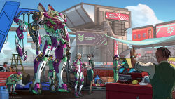 3boys 3girls ad commentary commission dark_skin energy_drink english_commentary hand_up headset helmet highres lancer_rpg logo looking_to_the_side mecha multiple_boys multiple_girls original peyton_gee pilot_suit robot standing