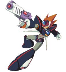 Rule 34 | 1boy, absurdres, aiming, android, armor, axl (mega man), black armor, blue eyes, brown hair, chest jewel, clenched hand, cross scar, finger on trigger, forehead jewel, full body, gun, helmet, highres, holding, holding gun, holding weapon, male focus, mega man (series), mega man x (series), red helmet, scar, scar on face, simple background, solo, spiked hair, surrealmason, weapon, white background