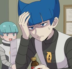 Rule 34 | 2boys, :d, blue hair, blunt bangs, blush stickers, bottle, closed mouth, commentary request, frown, green eyes, green hair, highres, holding, holding bottle, indoors, logo, long sleeves, male focus, multiple boys, nakikot t, nintendo, open mouth, pokemon, pokemon dppt, saturn (pokemon), shirt, short hair, smile, sweatdrop, team galactic, team galactic grunt, team galactic uniform, vest