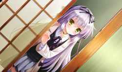 1girl choker game_cg hair_ribbon highres light_purple_hair long_hair ribbon shoujo_shin&#039;iki_shoujo_tengoku skirt star_(symbol) takagi_sana white_legwear yellow_eyes youta