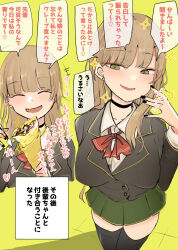 1girl black_choker black_nails black_thighhighs blazer blonde_hair bow bowtie choker collared_shirt crepe dress_shirt food green_eyes green_skirt highres jacket long_hair long_sleeves miniskirt necro_(nekurodayo) original red_bow red_bowtie shirt skirt smile speech_bubble thighhighs white_shirt