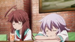 10s 2girls ahoge animated animated_png anime_screenshot brown_hair closed_eyes drink drinking_straw ibata_shouta juice kantai_collection kantai_collection_(anime) kuma_(kancolle) long_hair multiple_girls non-web_source purple_hair school_uniform serafuku short_hair tama_(kancolle)