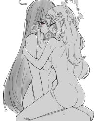 2girls ass asymmetrical_docking back blue_archive blush breast_press breasts breath commentary_request completely_nude erection eye_contact face-to-face flower futa_with_female futanari greyscale hair_flower hair_ornament hairband halo himari_(blue_archive) invisible_chair kyoshuyosrmik large_breasts light_frown long_hair looking_at_another mole mole_under_eye monochrome multiple_girls nude parted_lips penis pointy_ears profile red_eyes rio_(blue_archive) sidelocks simple_background sitting sitting_on_person small_breasts straddling straight_hair sweat thighhighs upright_straddle very_long_hair white_background white_eyes