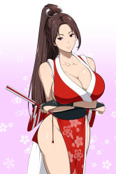 1girl artist_request bare_shoulders breasts brown_hair cleavage closed_mouth collarbone fatal_fury female_focus folding_fan hand_fan holding holding_fan japanese_clothes large_breasts long_hair looking_at_viewer obi pelvic_curtain ponytail sash shiranui_mai smile snk solo street_fighter street_fighter_6