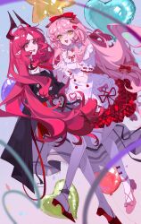 2girls :d absurdres arknights balloon bow chinese_commentary commentary_request confetti floating frilled_bow frills full_body gloves goldenglow_(arknights) goldenglow_(party_in_the_garden)_(arknights) hair_between_eyes hair_bow hair_ornament heart heart_balloon heart_hair_ornament highres holding_hands interlocked_fingers keyhole long_hair looking_at_viewer multiple_girls nymph_(arknights) official_alternate_costume open_mouth pantyhose pink_eyes pink_hair plaid_bow pointy_ears red_bow ribbon shenbeining79537 smile star_(symbol) star_balloon white_gloves white_pantyhose yellow_eyes