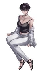 1girl black_camisole black_choker breasts brown_eyes brown_hair camisole choker cleavage collarbone commentary cross cross_necklace full_body highres jacket jewelry large_breasts long_hair midriff necklace off_shoulder open_clothes open_jacket original pants parted_lips sandals short_hair simple_background sitting smile solo symbol-only_commentary toes ulularts white_background white_jacket white_pants