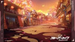 architecture blue_archive cherry_blossoms east_asian_architecture no_humans official_art scenery sunset town