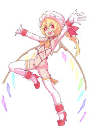 Rule 34 | 1girl, absurdres, blonde hair, crystal wings, fangs, flandre scarlet, flat chest, high heels, highres, looking at viewer, mersoleil03, navel, open mouth, outstretched arms, red eyes, revealing clothes, side ponytail, sketch, smile, solo, spread arms, standing, standing on one leg, thighhighs, touhou, touhou tag dream, wrestling outfit