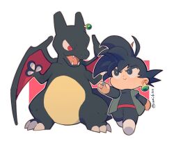 Rule 34 | 1boy, :&gt;, alternate color, black hair, bright pupils, charizard, claws, crossover, full body, gen 1 pokemon, goku black, male focus, nintendo, open mouth, outstretched arm, pokemon, pokemon (creature), red eyes, shiny pokemon, simple background, spiked hair, thick eyebrows, v-shaped eyebrows, walking, white background, white pupils, windylie
