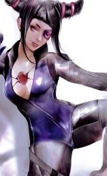 Rule 34 | 1girl, black hair, bodysuit, breasts, cleavage, cosplay, eyepatch, hair horns, han juri, highres, jill valentine, jill valentine (cosplay), looking at viewer, momokulala, parted lips, purple bodysuit, resident evil, simple background, smile, street fighter, white background