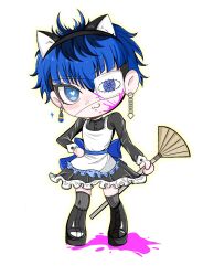 1boy :3 animal_ear_hairband animal_ears apron black_boots black_dress black_hair black_stripes black_thighhighs blood blood_on_face blood_splatter blue_bow blue_hair blush boots bow bridge_piercing broom cat_ear_hairband cat_ears crossdressing dress ear_piercing earrings eyebrow_piercing eyepatch face_piercing fake_animal_ears full_body hair_between_eyes hairband hand_on_own_hip heart heart-shaped_pupils highres holding holding_broom jewelry lip_piercing looking_at_viewer maid maid_apron messy_hair multicolored_hair omokage_yugamu one_eye_covered piercing pink_blood simple_background striped_clothes striped_thighhighs symbol-shaped_pupils the_hundred_line_-last_defense_academy- thighhighs white_background white_stripes